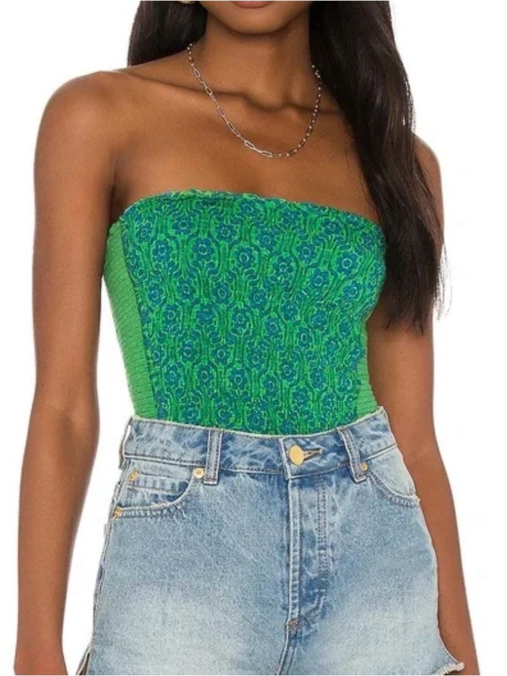 Free People Green Printed Strapless Smocked Tube Top